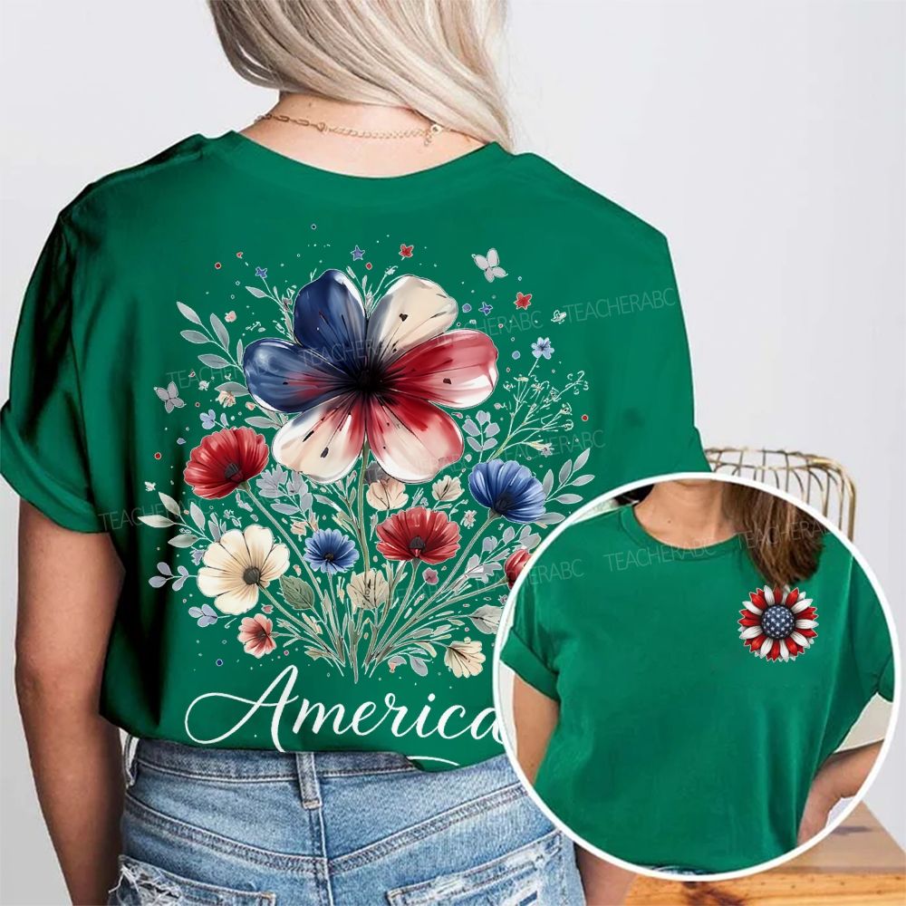 America  Flowers Graphics  Double Printed T-shirt