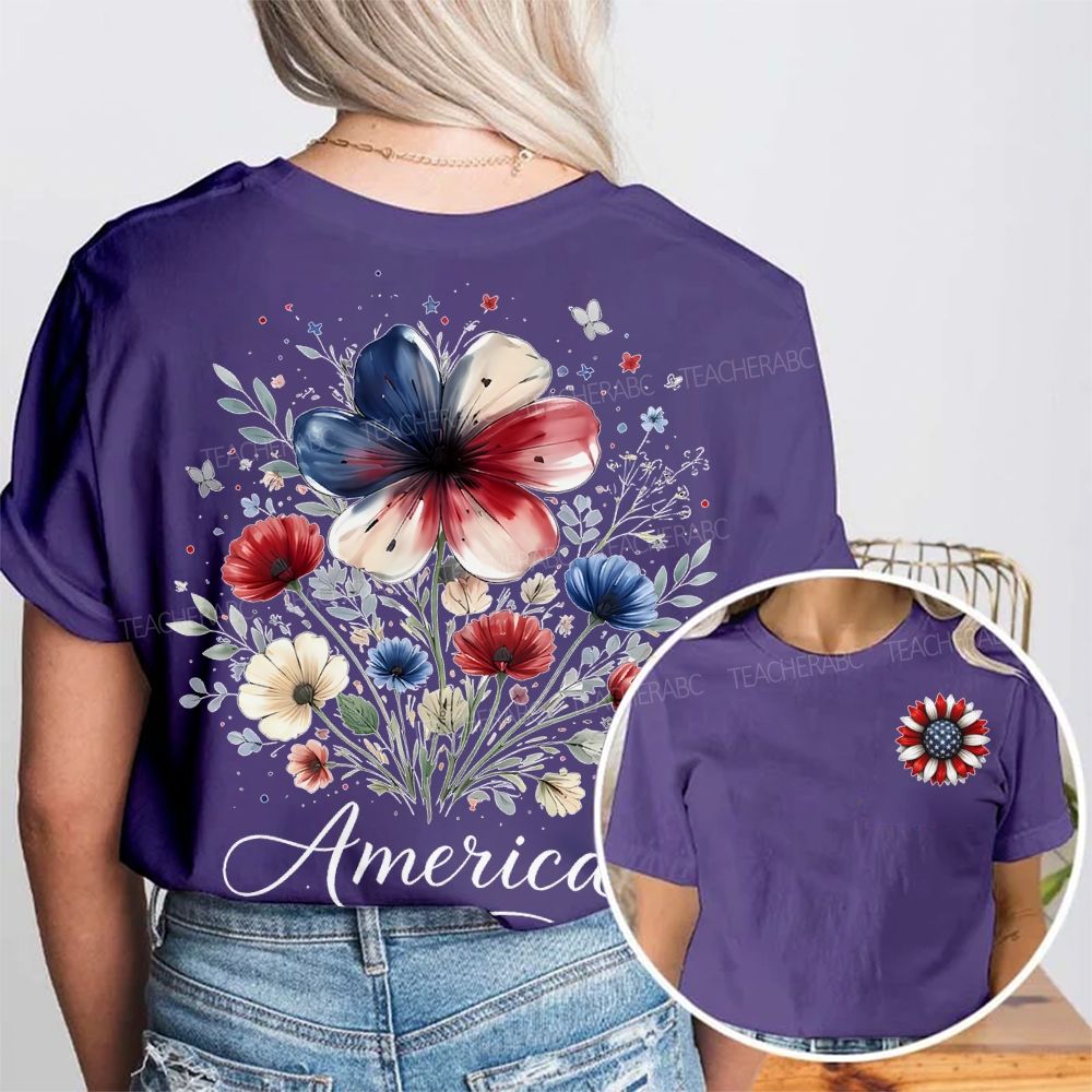 America  Flowers Graphics  Double Printed T-shirt