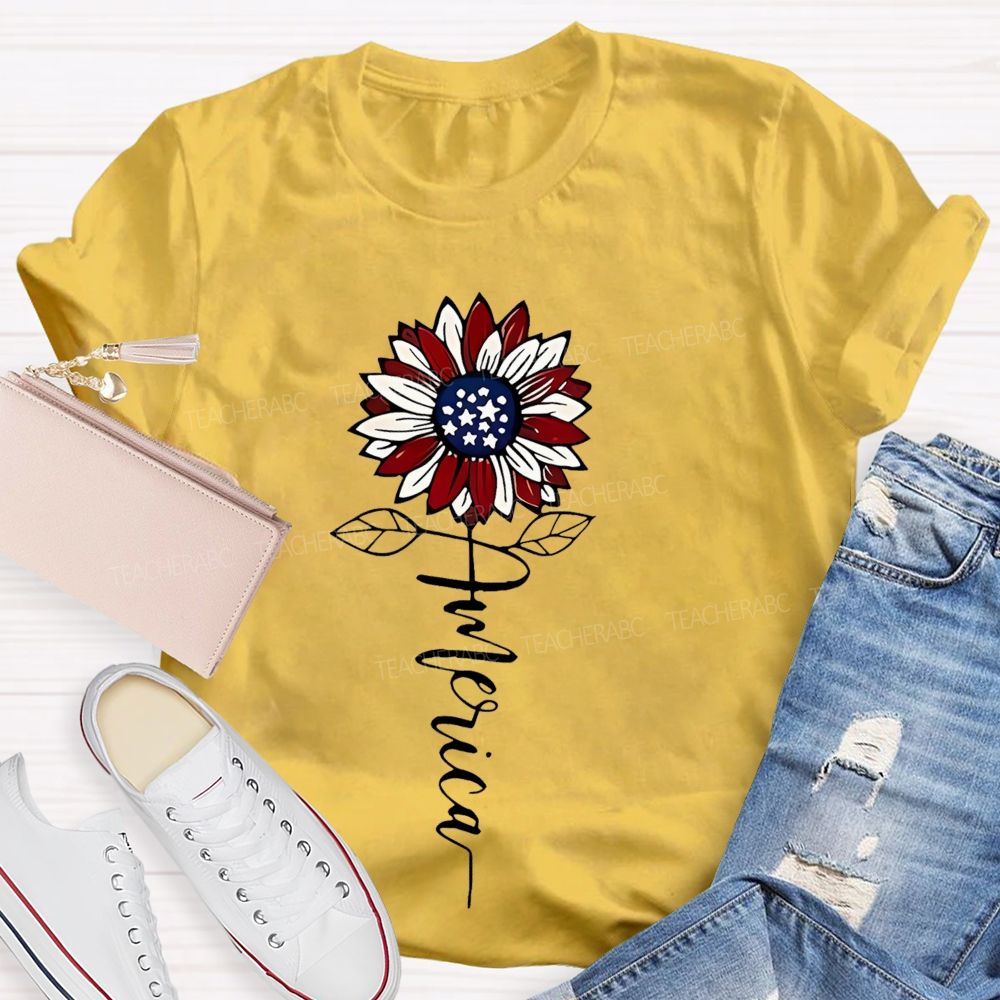 America Sunflower  Graphic  Teacher T-shirt