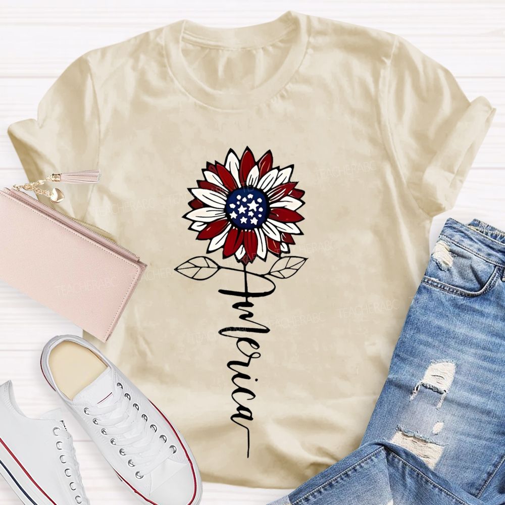 America Sunflower  Graphic  Teacher T-shirt