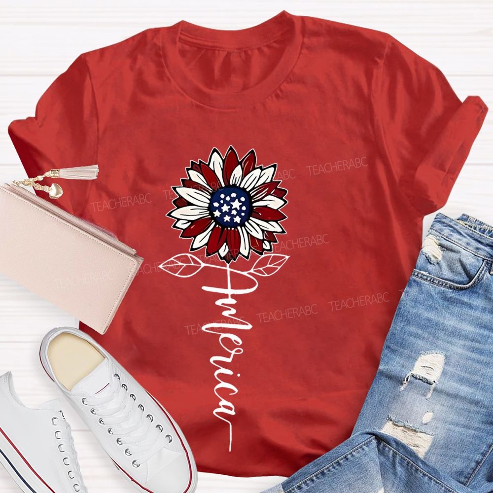 America Sunflower  Graphic  Teacher T-shirt