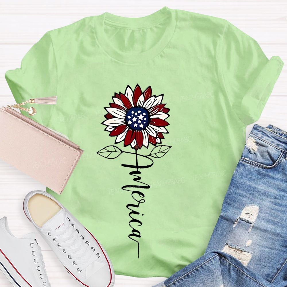 America Sunflower  Graphic  Teacher T-shirt