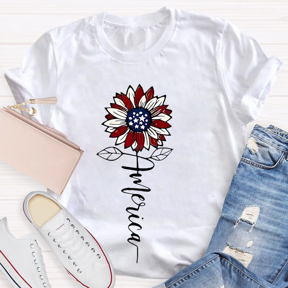 America Sunflower  Graphic  Teacher T-shirt