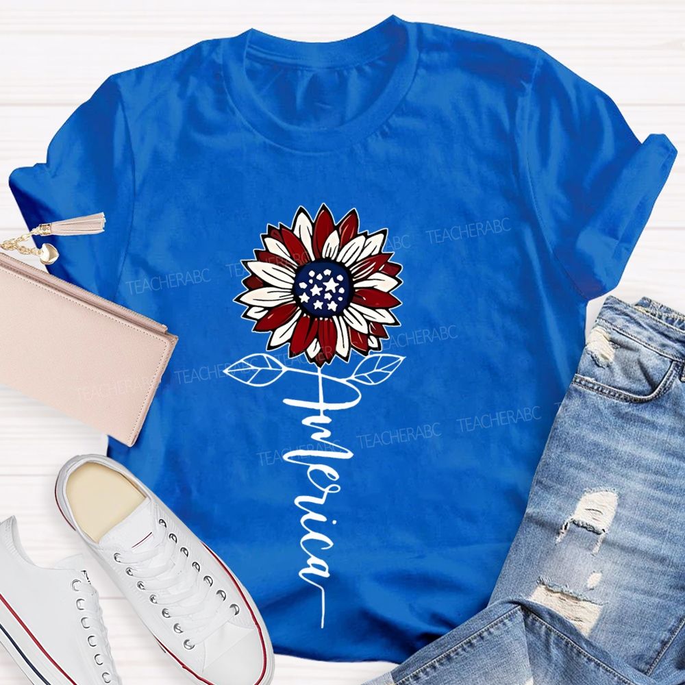 America Sunflower  Graphic  Teacher T-shirt