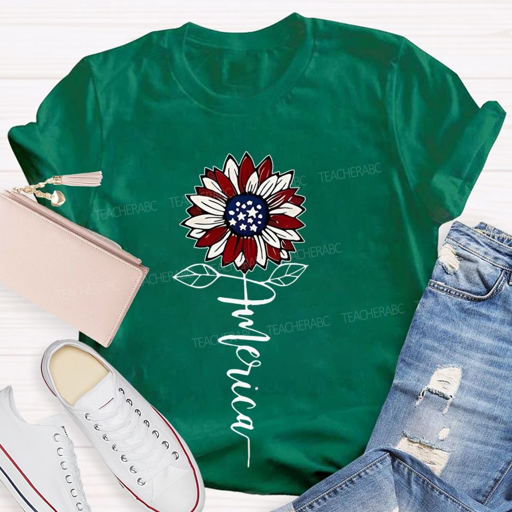 America Sunflower  Graphic  Teacher T-shirt