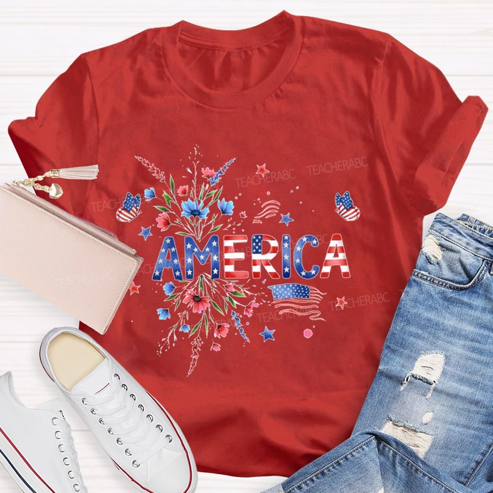 America  Stars Flowers Letters  Teacher T-shirt