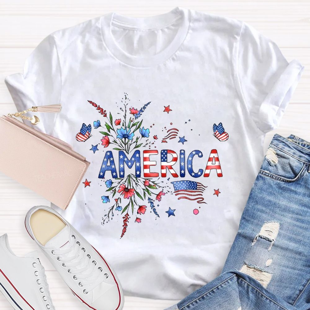 America  Stars Flowers Letters  Teacher T-shirt