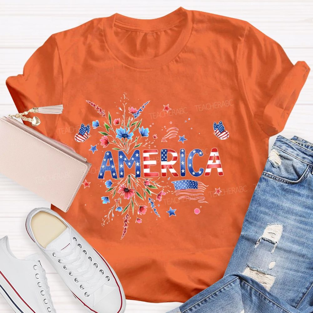 America  Stars Flowers Letters  Teacher T-shirt