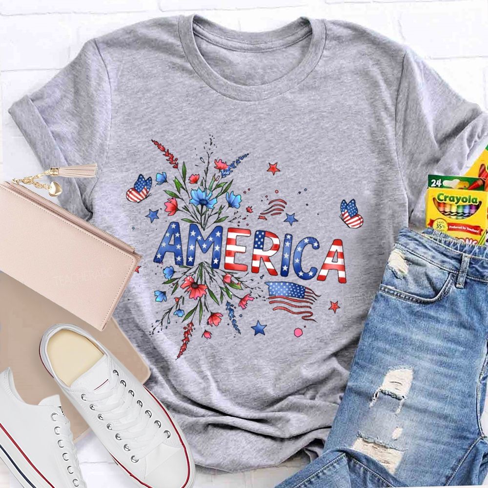 America  Stars Flowers Letters  Teacher T-shirt