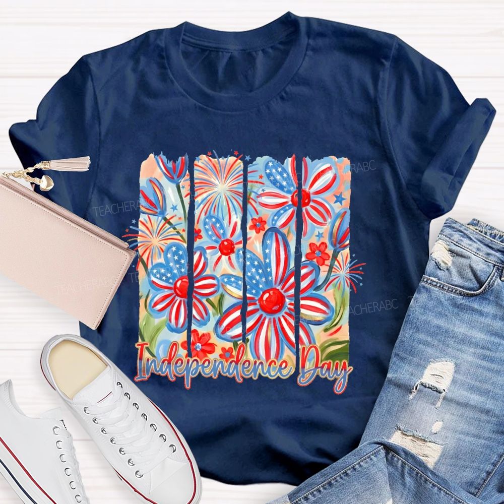 Independence Day Flowers Graphic  Teacher T-shirt
