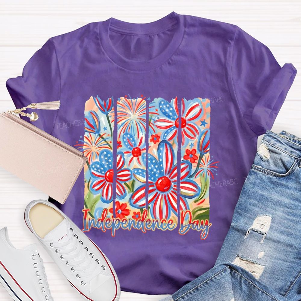 Independence Day Flowers Graphic  Teacher T-shirt