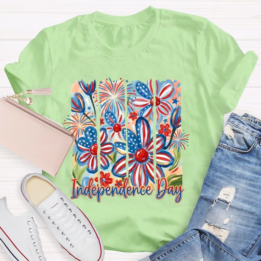 Independence Day Flowers Graphic  Teacher T-shirt