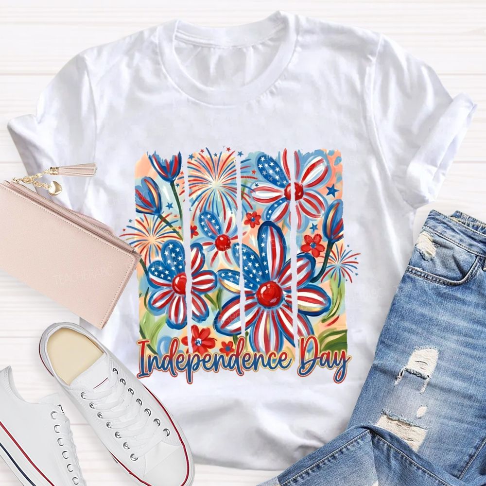 Independence Day Flowers Graphic  Teacher T-shirt