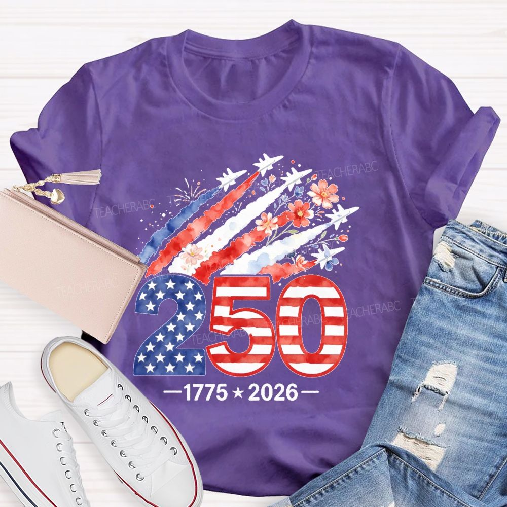 250 years Flowers Airplane Graphics  Teacher T-shirt