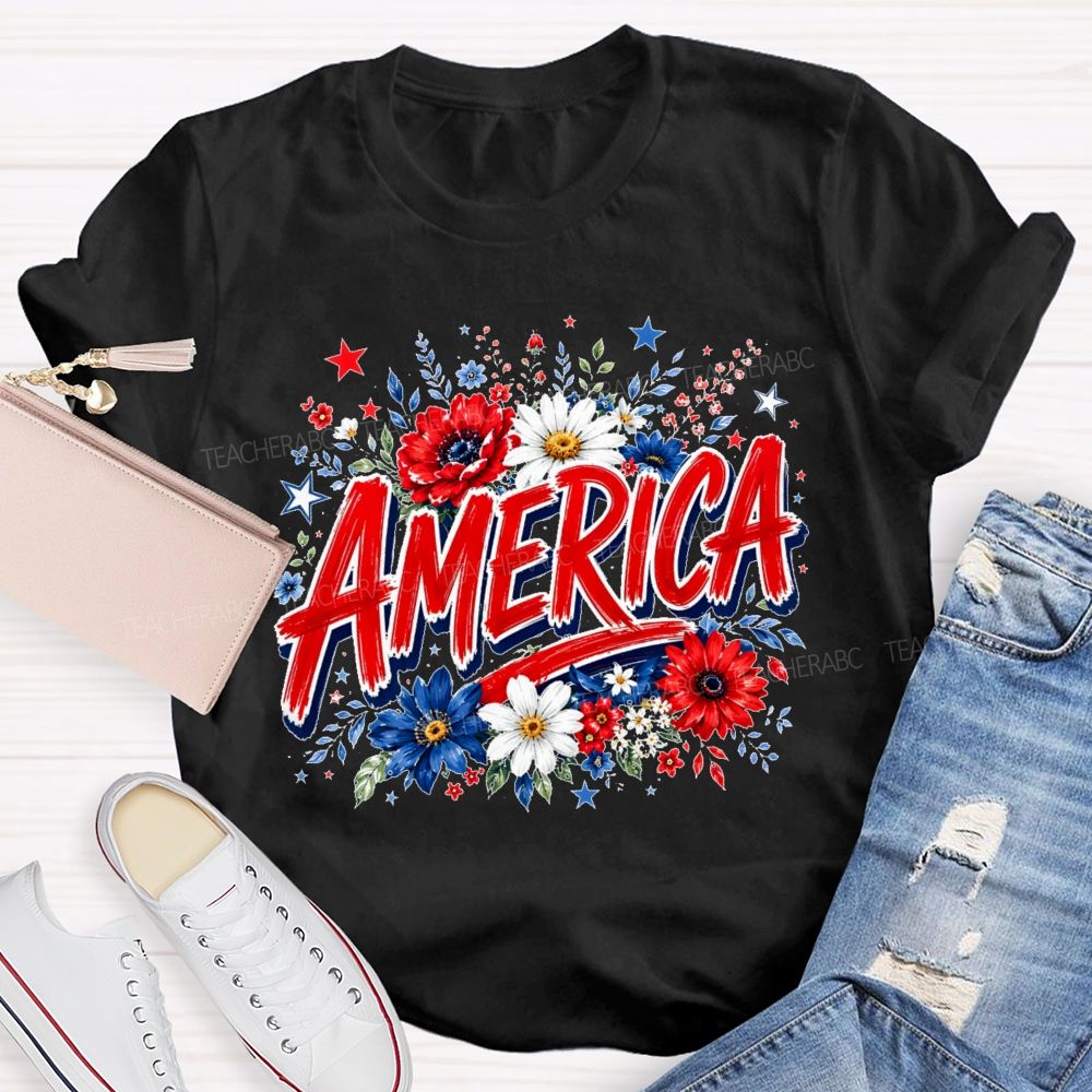 America  Colorful Flowers Graphics  Teacher T-shirt