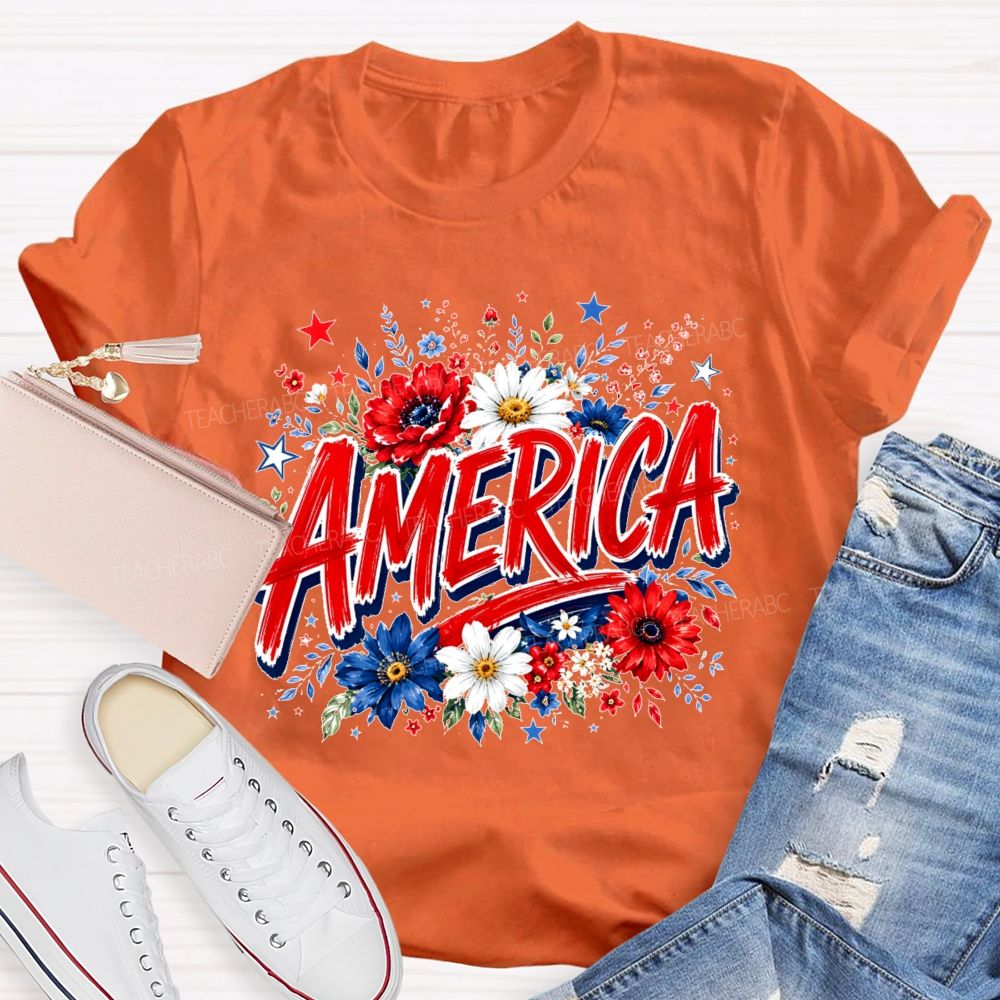 America  Colorful Flowers Graphics  Teacher T-shirt