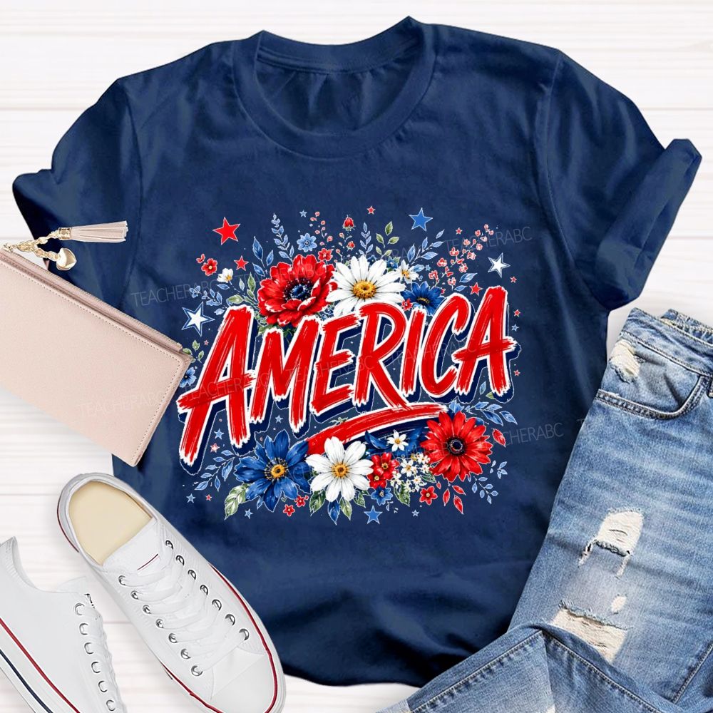 America  Colorful Flowers Graphics  Teacher T-shirt