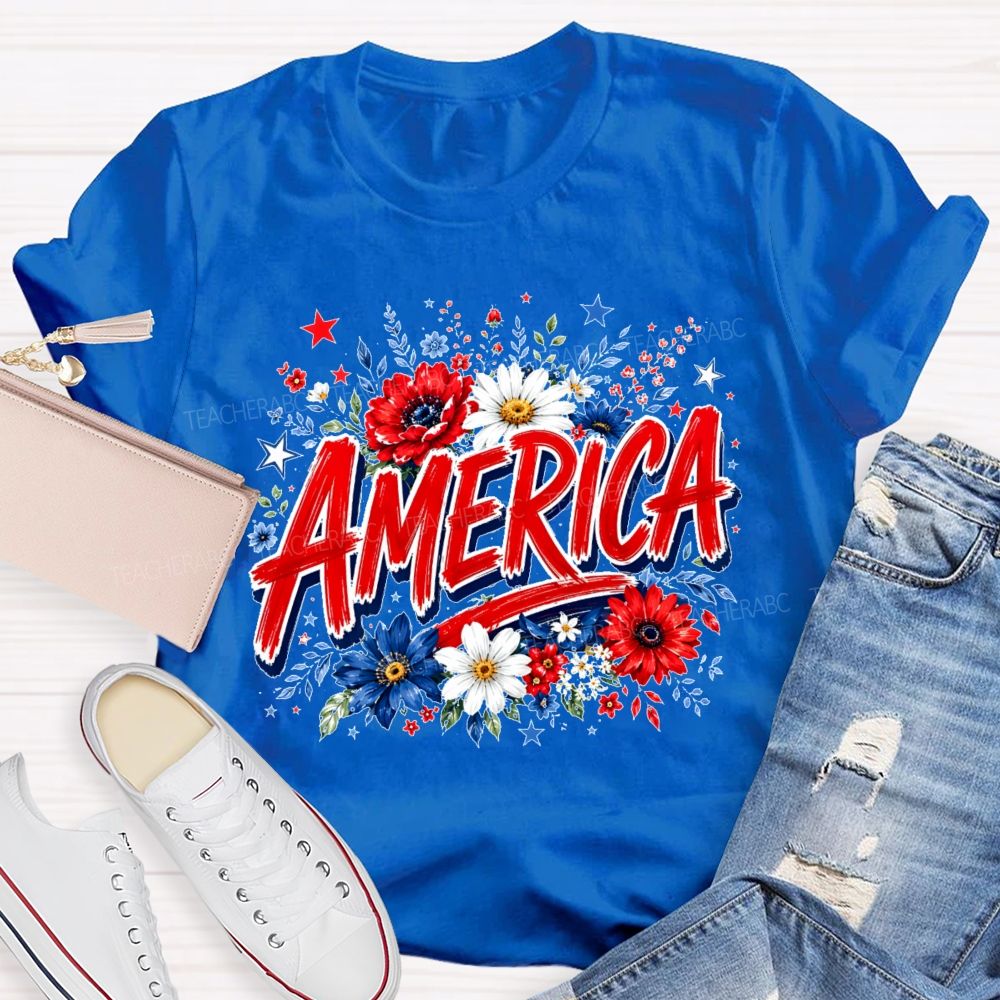 America  Colorful Flowers Graphics  Teacher T-shirt
