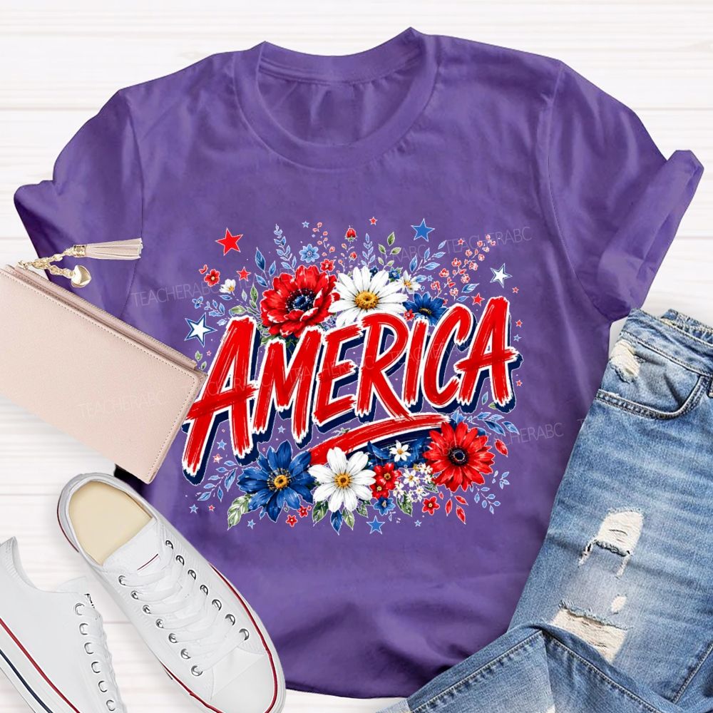 America  Colorful Flowers Graphics  Teacher T-shirt