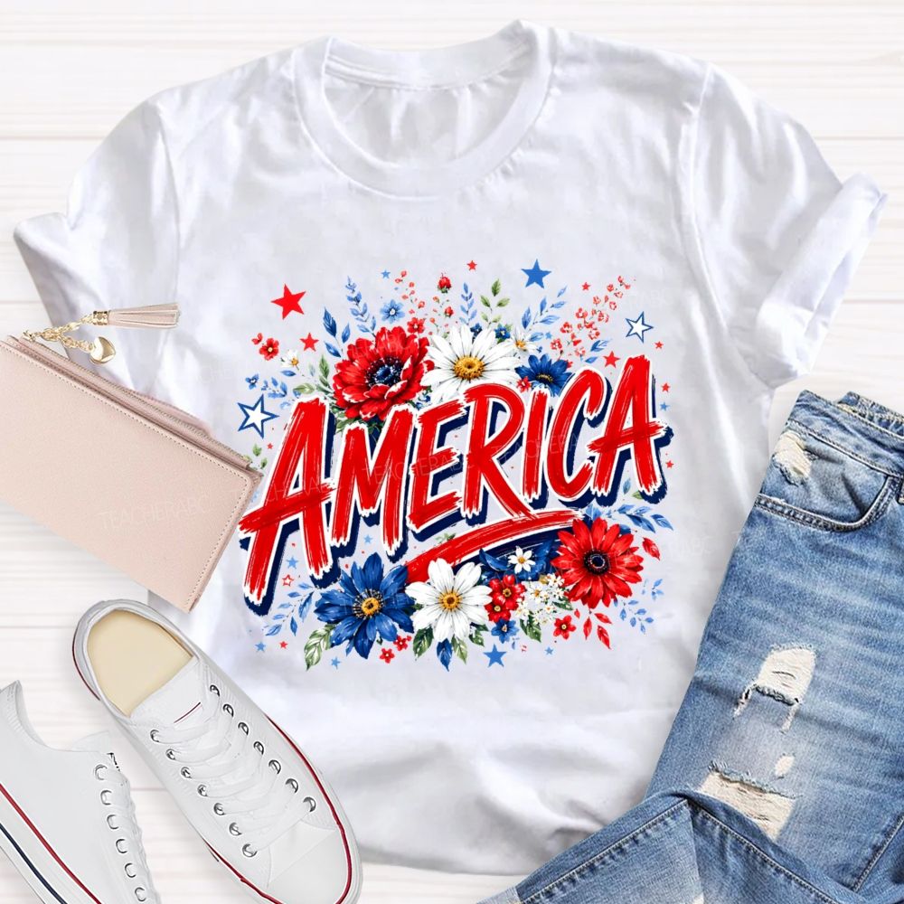 America  Colorful Flowers Graphics  Teacher T-shirt