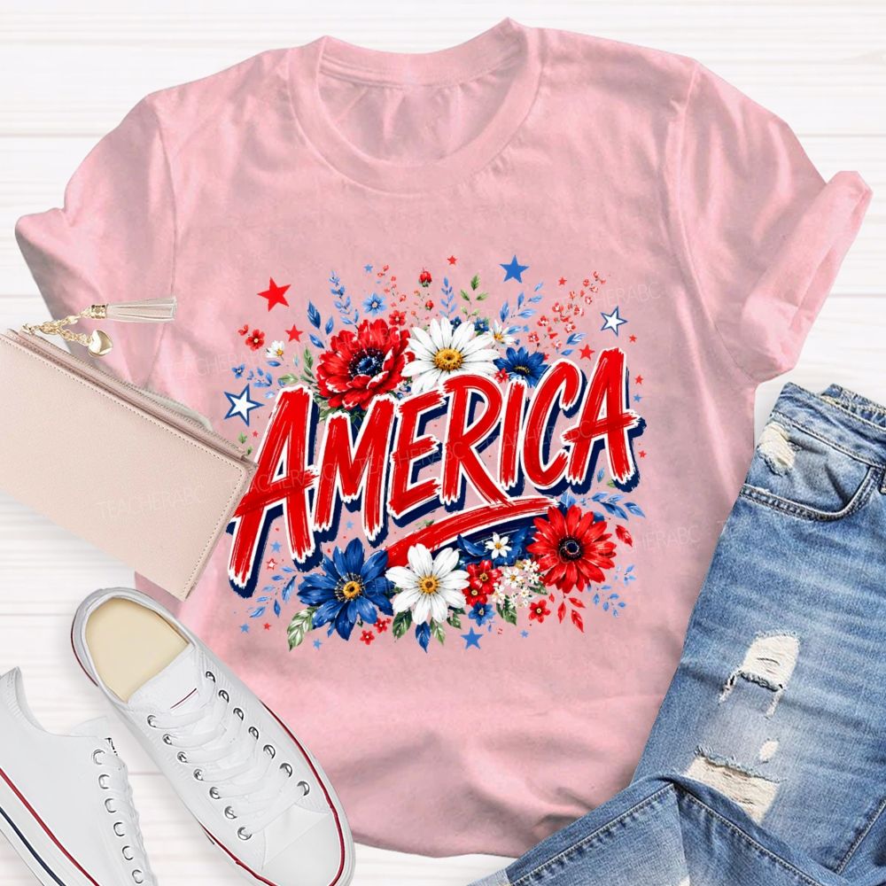 America  Colorful Flowers Graphics  Teacher T-shirt