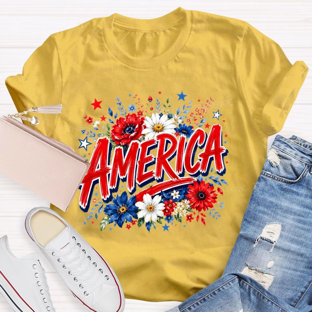 America  Colorful Flowers Graphics  Teacher T-shirt