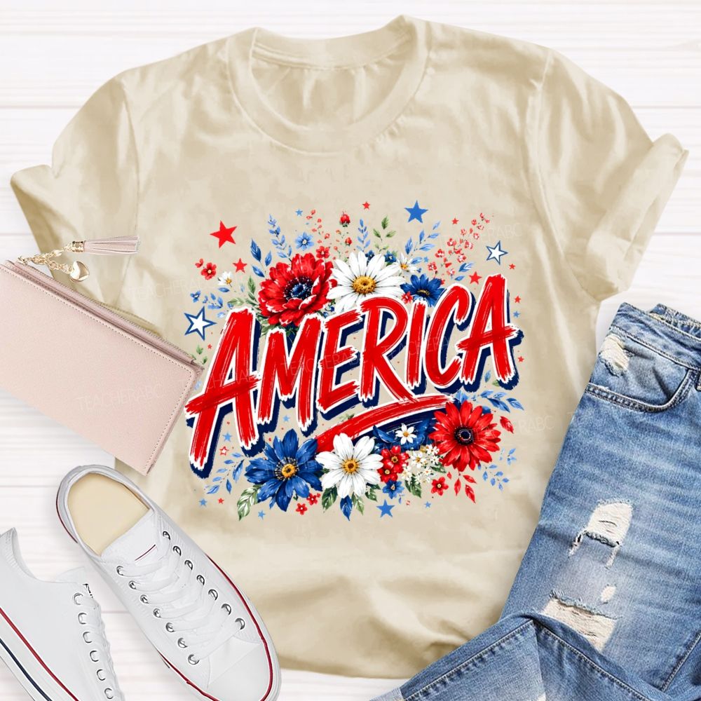 America  Colorful Flowers Graphics  Teacher T-shirt