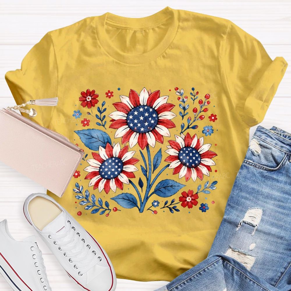 Sunflower Stars Independence Day  Teacher T-shirt