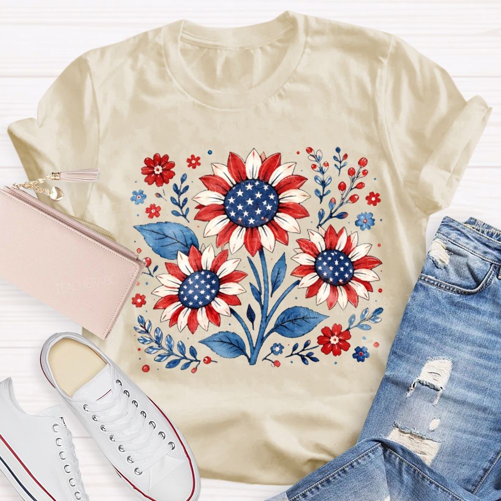 Sunflower Stars Independence Day  Teacher T-shirt
