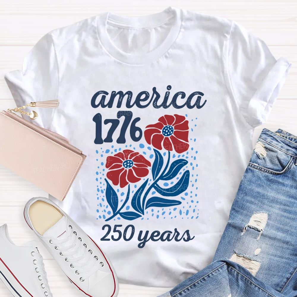 American 1776 Floral Blue Red Teacher T-shirt