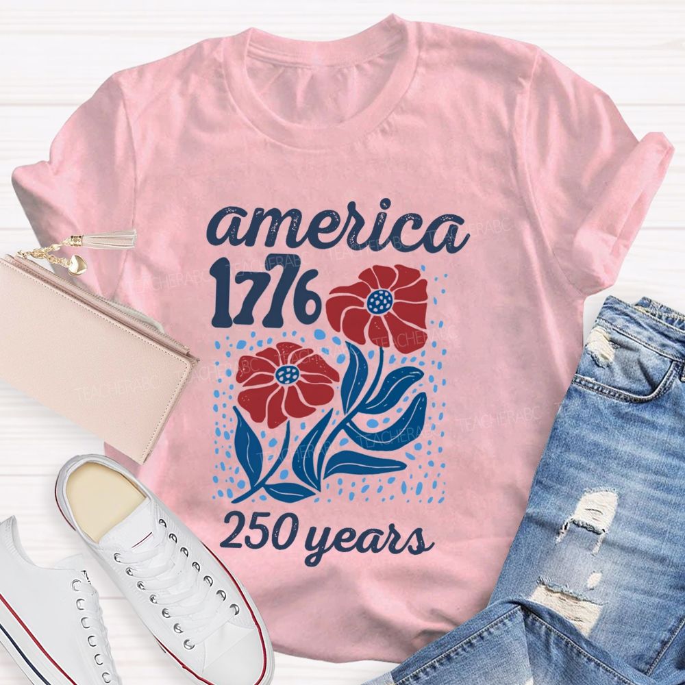American 1776 Floral Blue Red Teacher T-shirt
