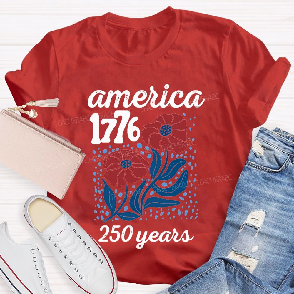 American 1776 Floral Blue Red Teacher T-shirt