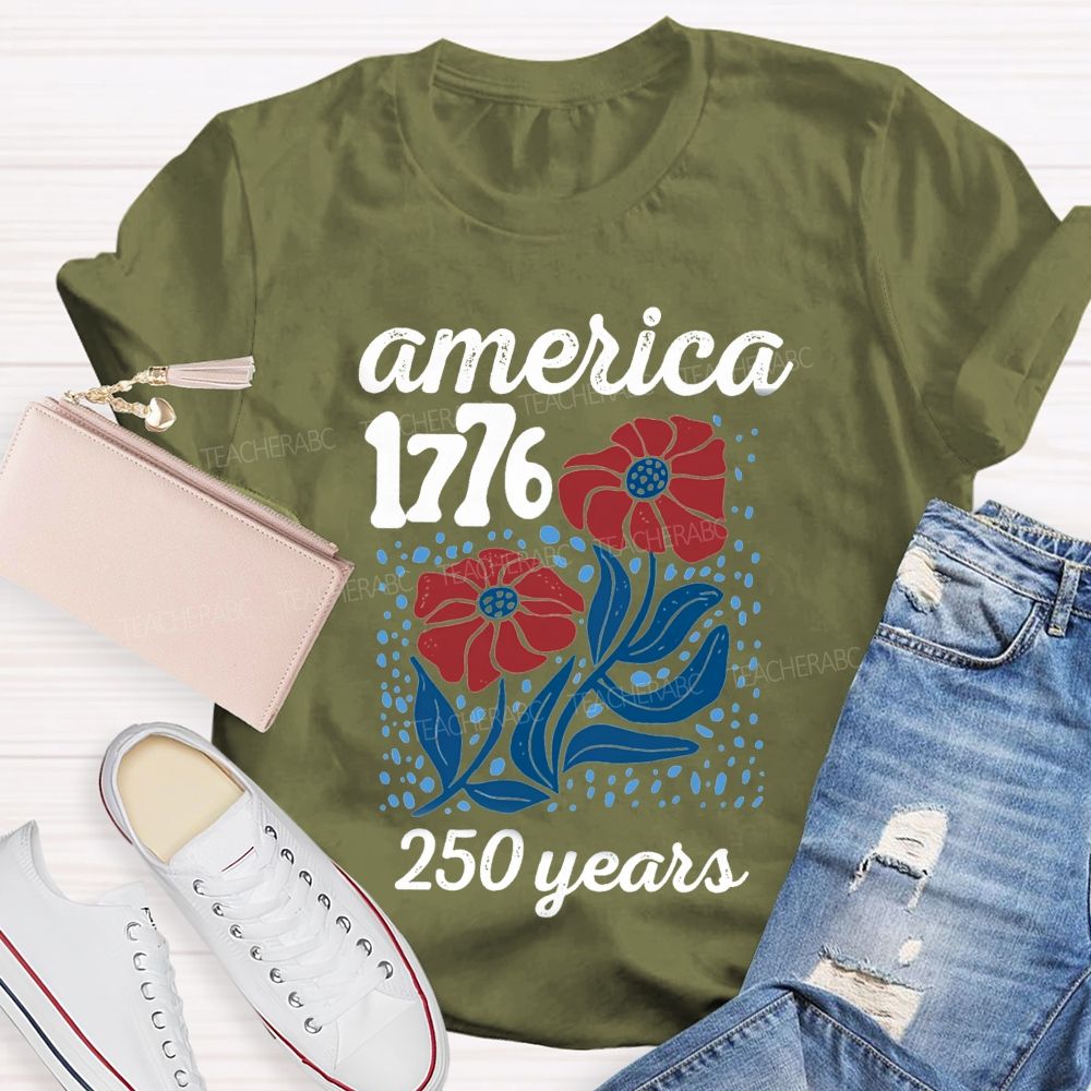 American 1776 Floral Blue Red Teacher T-shirt