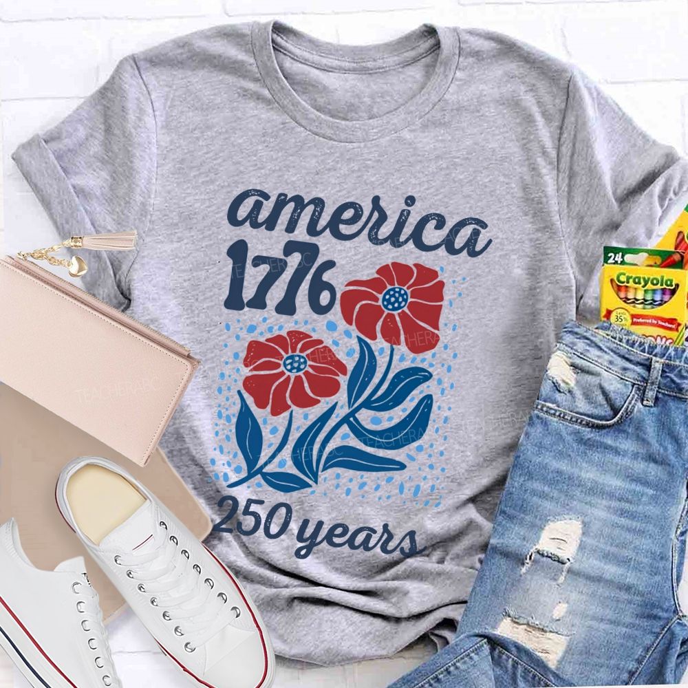 American 1776 Floral Blue Red Teacher T-shirt