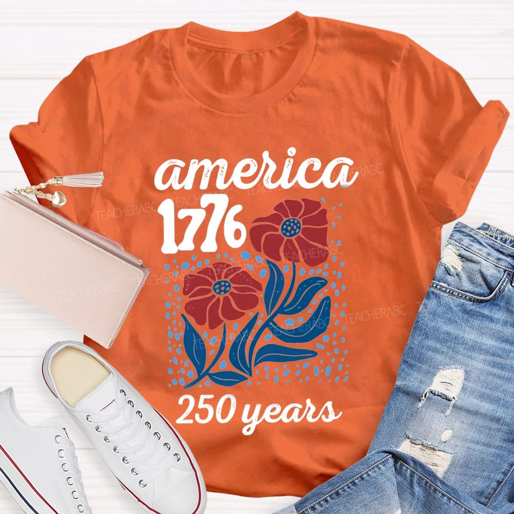 American 1776 Floral Blue Red Teacher T-shirt