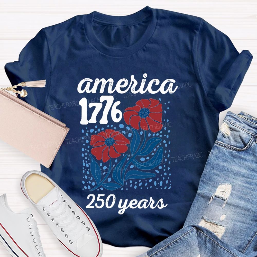 American 1776 Floral Blue Red Teacher T-shirt