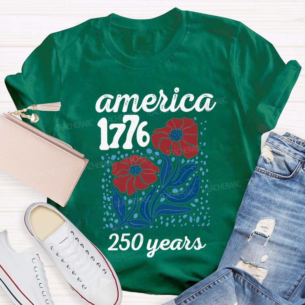 American 1776 Floral Blue Red Teacher T-shirt