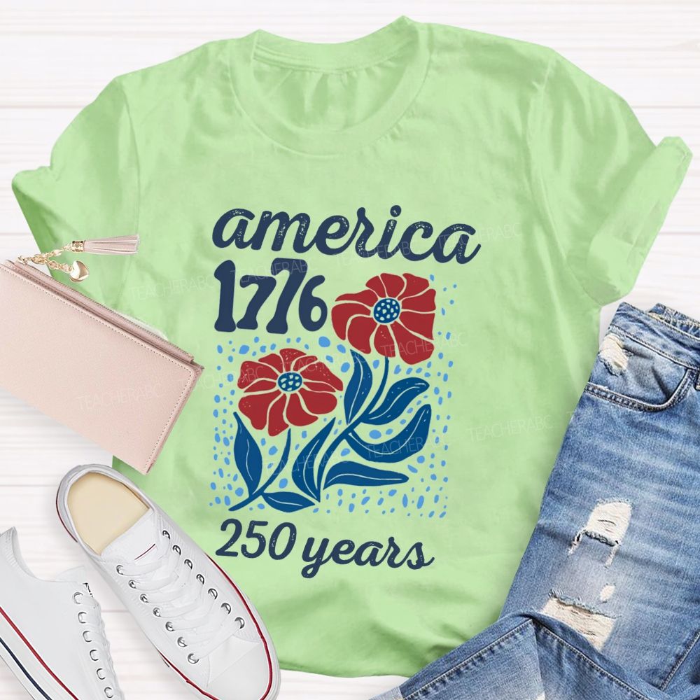 American 1776 Floral Blue Red Teacher T-shirt