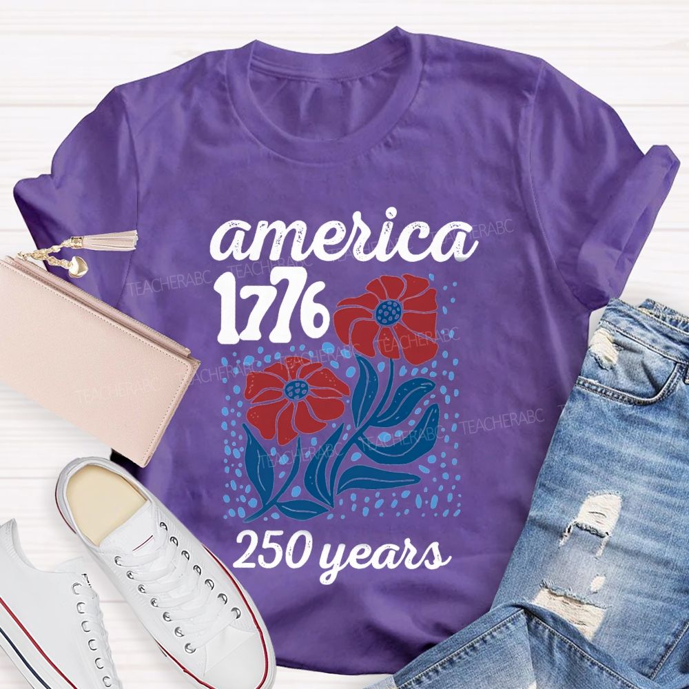 American 1776 Floral Blue Red Teacher T-shirt