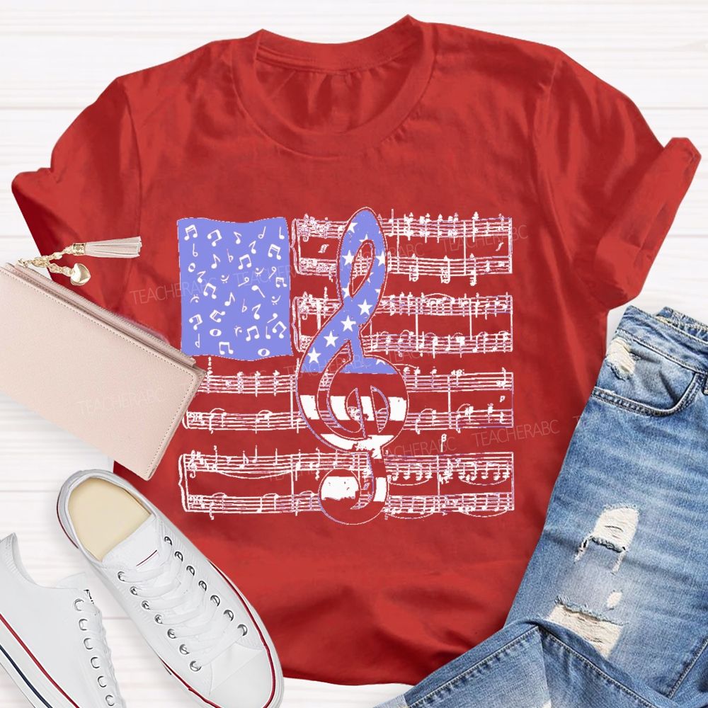 Musical Note Flag Independence Day Pattern   Teacher T-shirt