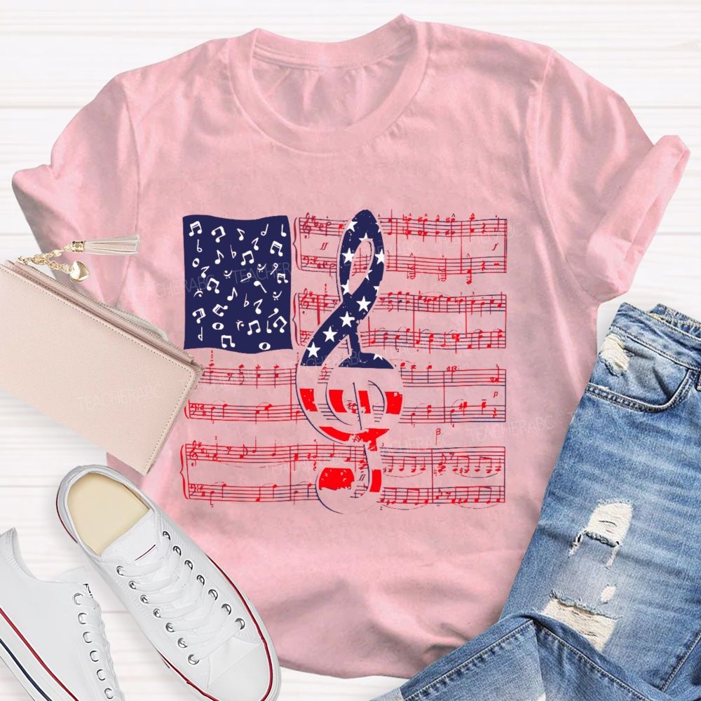 Musical Note Flag Independence Day Pattern   Teacher T-shirt