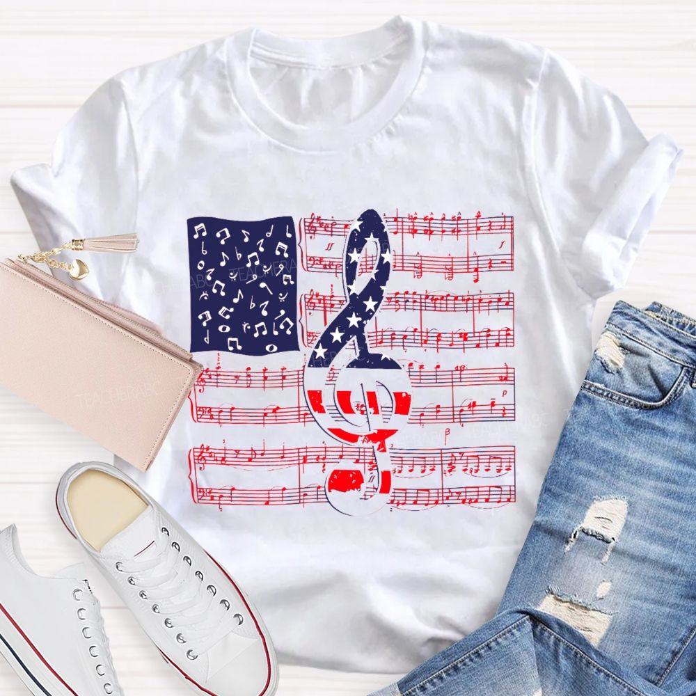 Musical Note Flag Independence Day Pattern   Teacher T-shirt