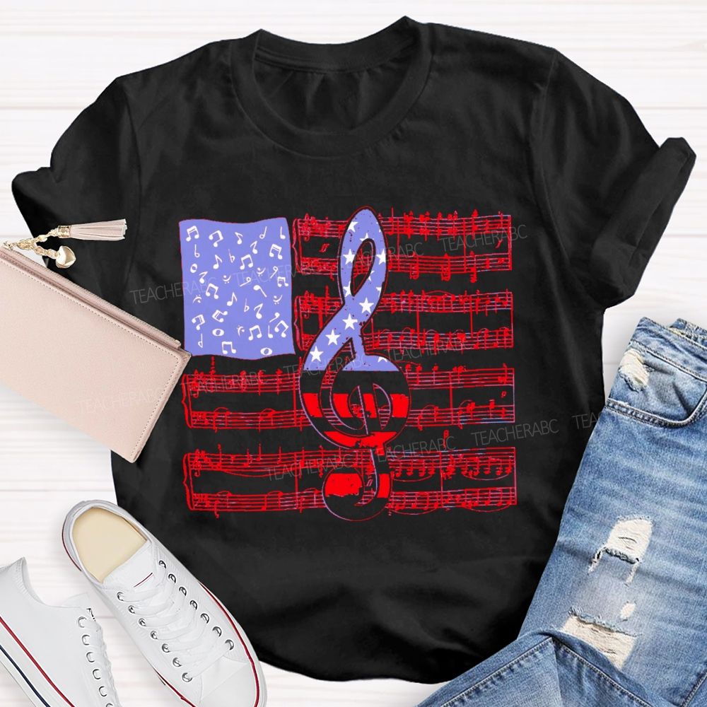 Musical Note Flag Independence Day Pattern   Teacher T-shirt