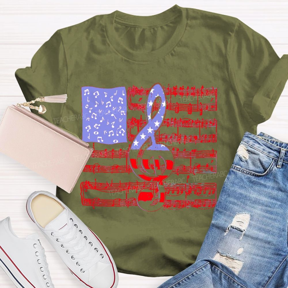 Musical Note Flag Independence Day Pattern   Teacher T-shirt