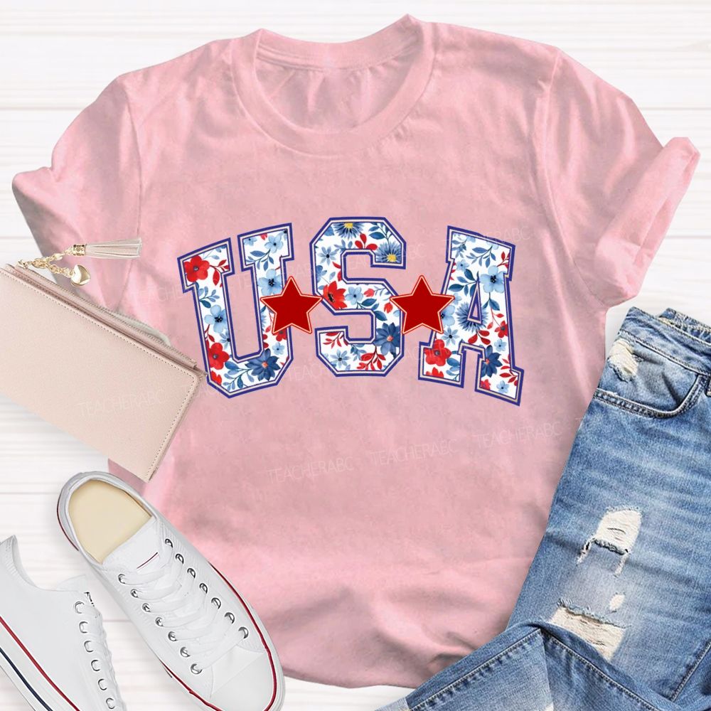 Floral USA Star Teacher T-shirt