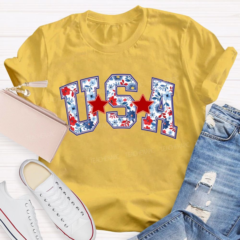 Floral USA Star Teacher T-shirt