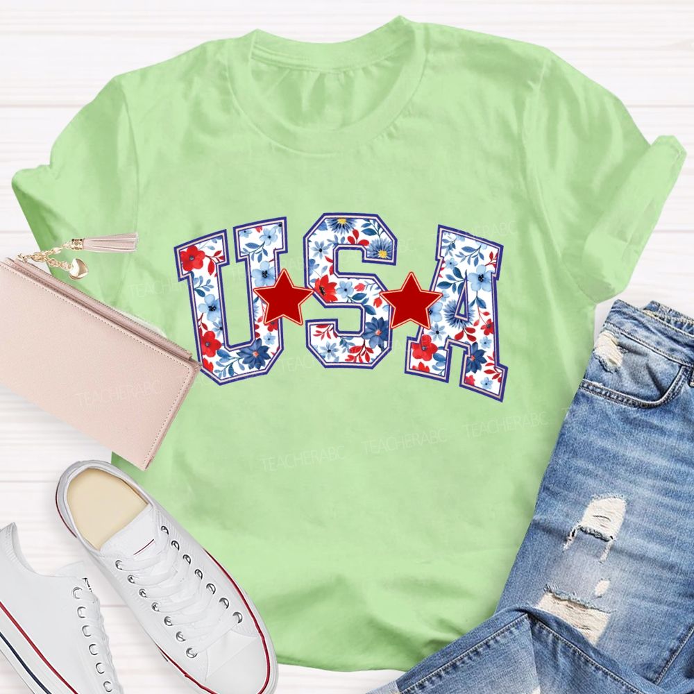 Floral USA Star Teacher T-shirt