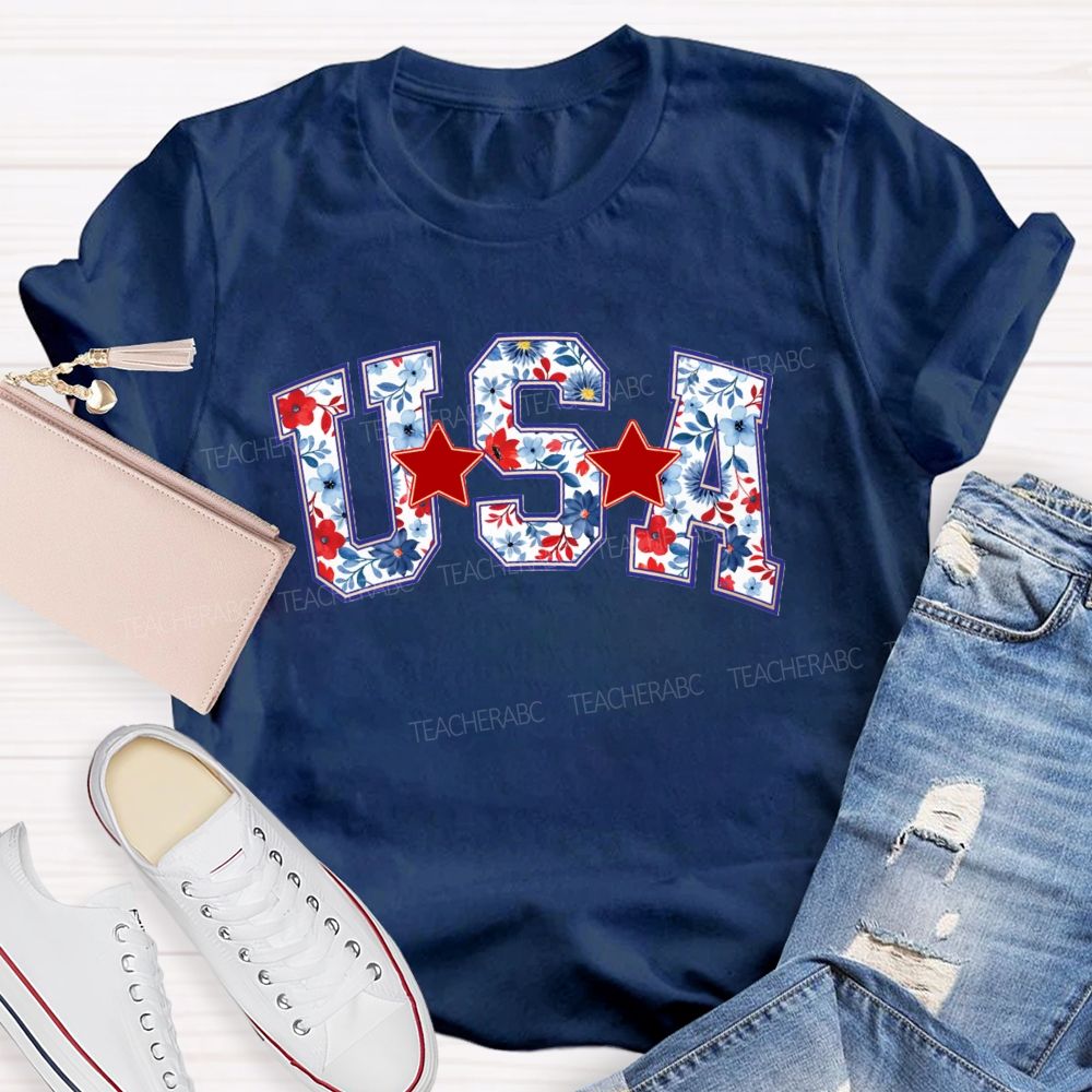 Floral USA Star Teacher T-shirt