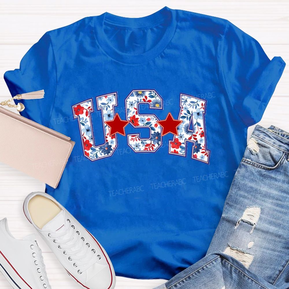 Floral USA Star Teacher T-shirt