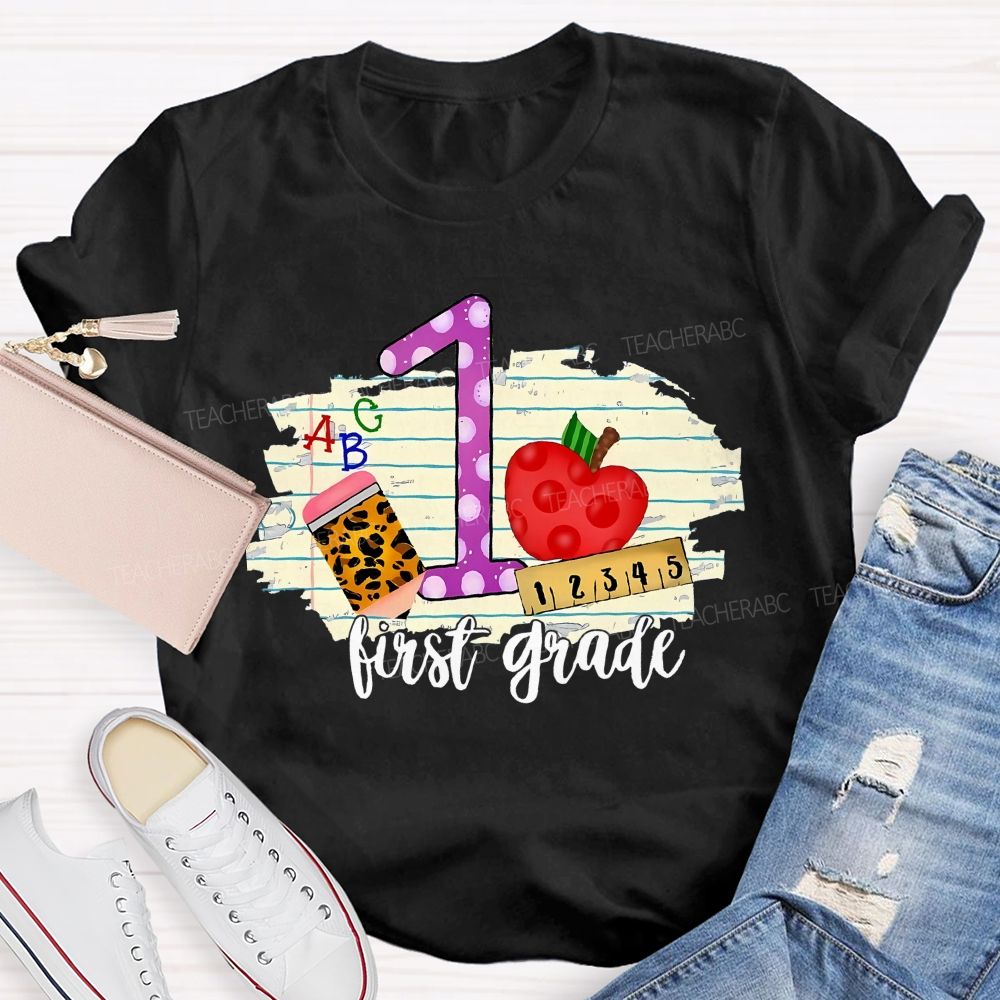 Personalized  Grade  First Grade Leopard  Print  Pencil  Apple  Teacher T-shirt